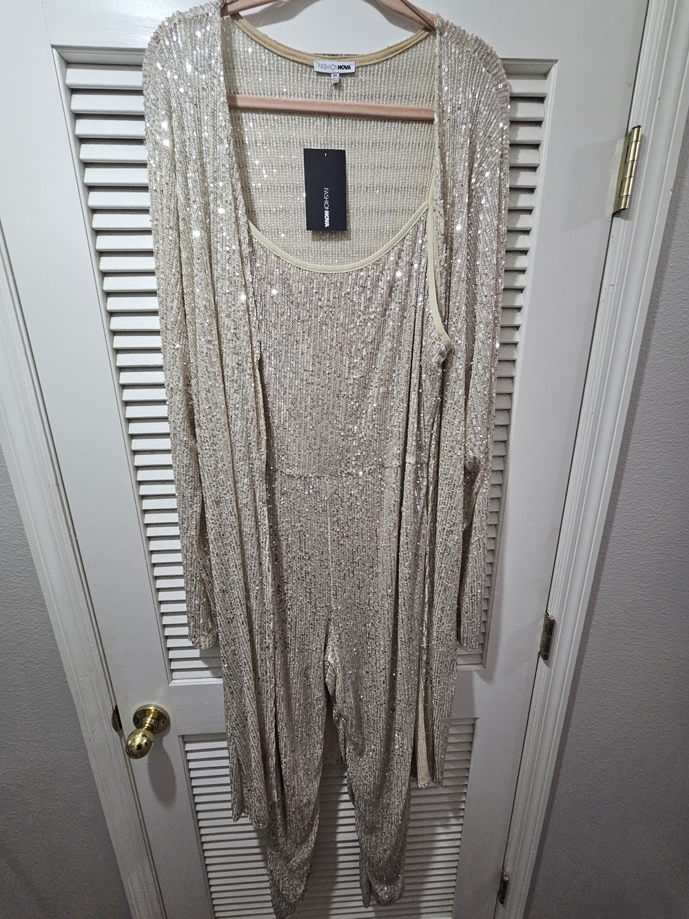 Fashion Nova Champagne Sequin Jumpsuit with Matching Duster